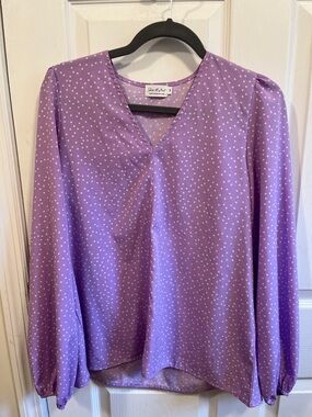 Style & Co. Lavender Polka Dot V-Neck Long Sleeve Blouse